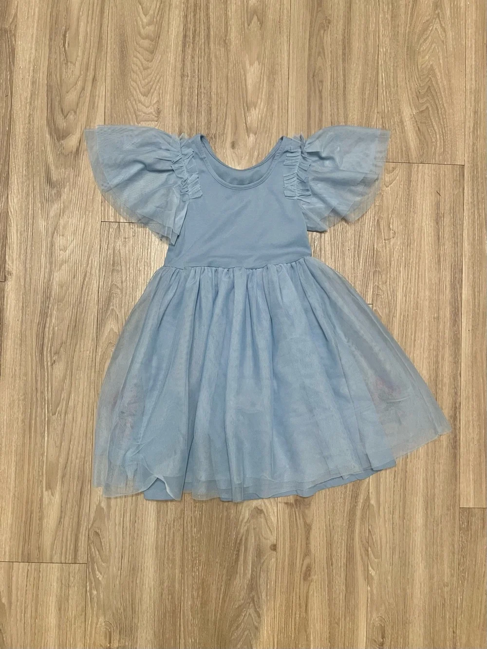Mini Boden Light Blue Tulle Dress with Red Floral Embroidery